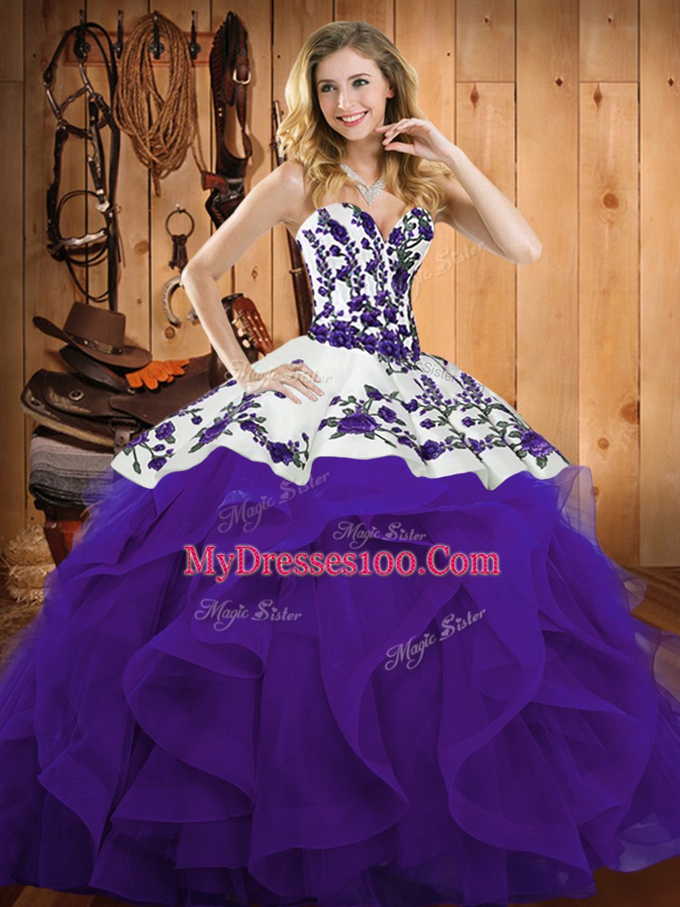 Sleeveless Satin and Organza Floor Length Lace Up Quinceanera Gown in Purple with Embroidery and Ruffles