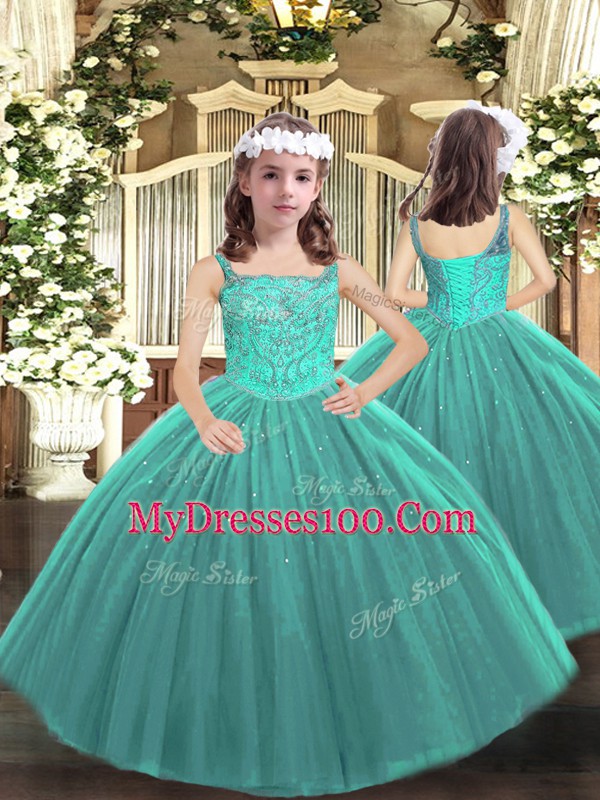 Dazzling Teal Tulle Lace Up Little Girl Pageant Gowns Sleeveless Floor Length Beading