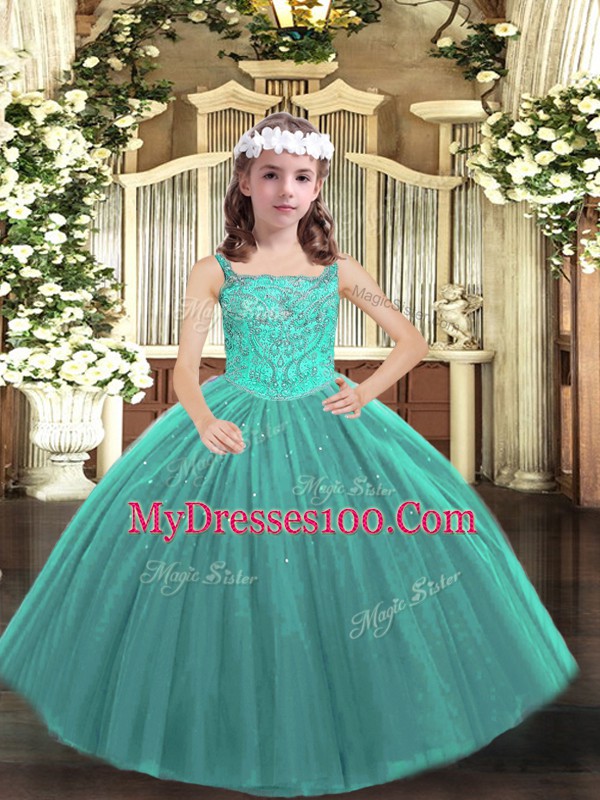 Dazzling Teal Tulle Lace Up Little Girl Pageant Gowns Sleeveless Floor Length Beading