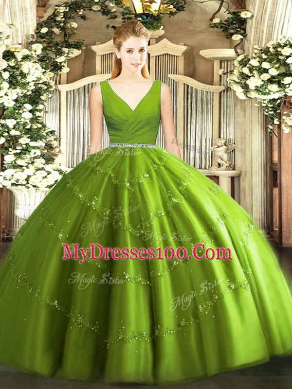 Olive Green Zipper V-neck Beading 15th Birthday Dress Tulle Sleeveless