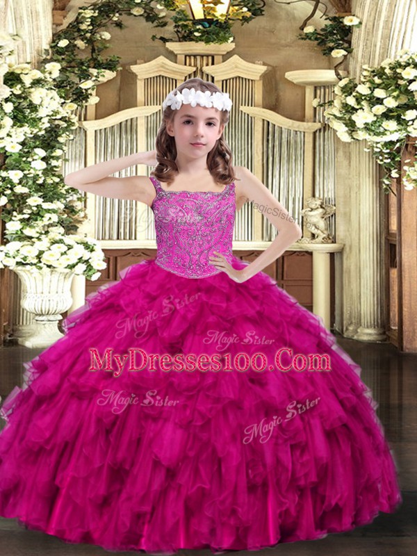 Sleeveless Floor Length Beading and Ruffles Lace Up Pageant Gowns with Fuchsia