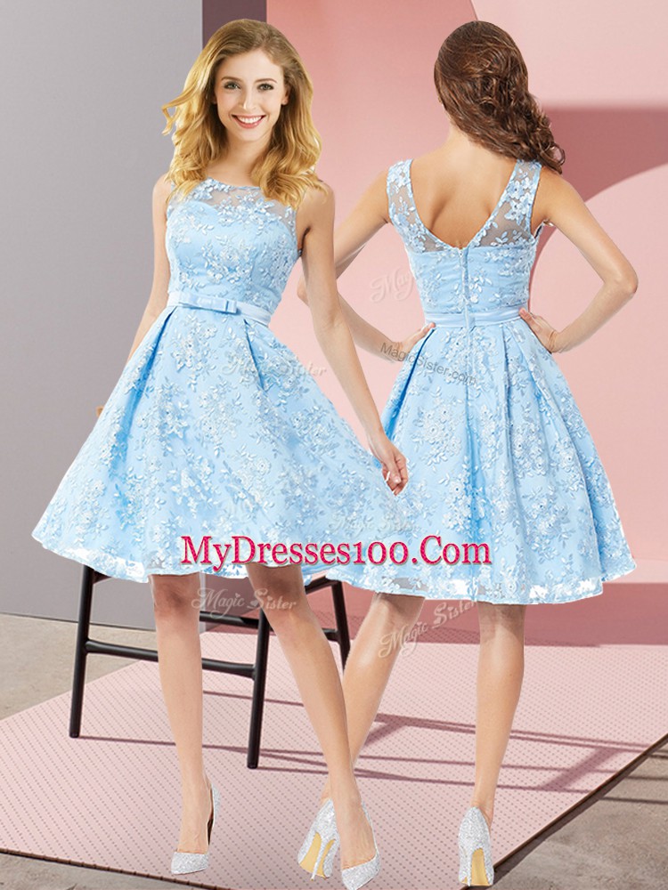 Sweet Aqua Blue A-line Lace Scoop Sleeveless Bowknot Knee Length Zipper Court Dresses for Sweet 16