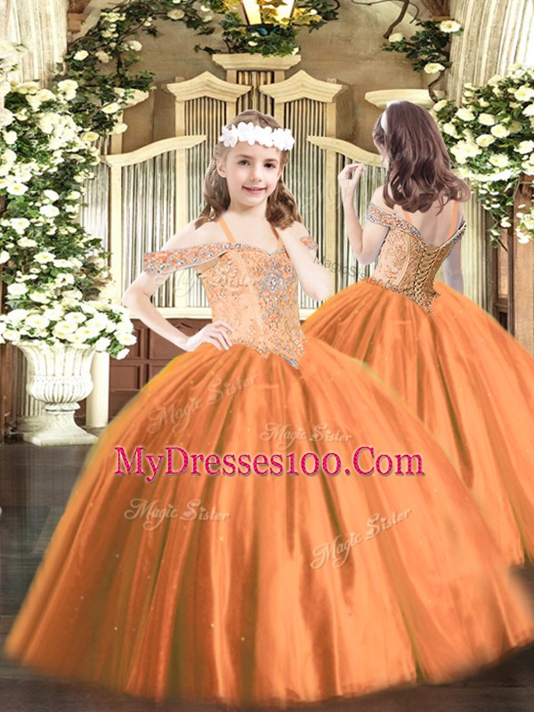 Rust Red Tulle Lace Up Off The Shoulder Sleeveless Floor Length Child Pageant Dress Beading