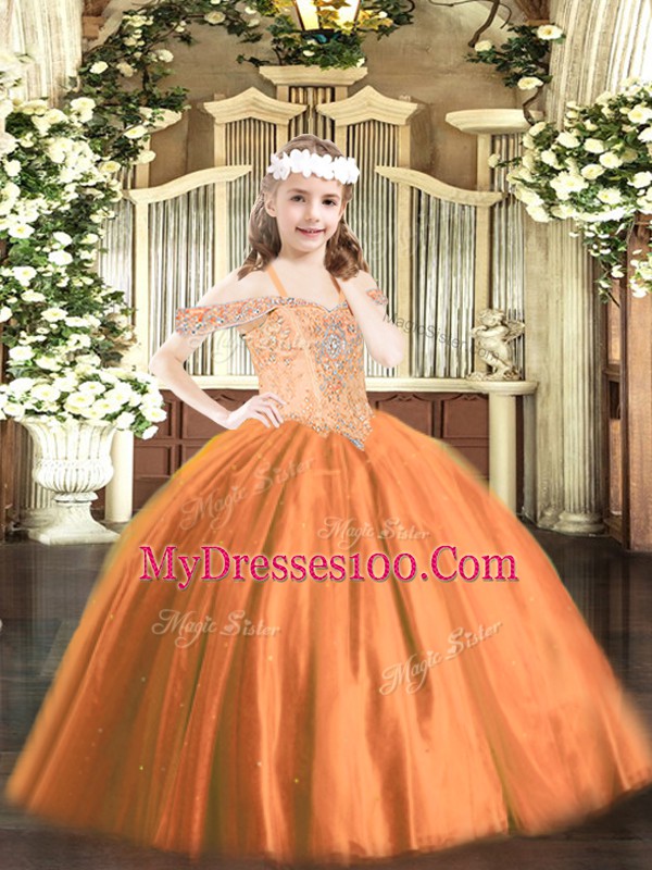 Rust Red Tulle Lace Up Off The Shoulder Sleeveless Floor Length Child Pageant Dress Beading
