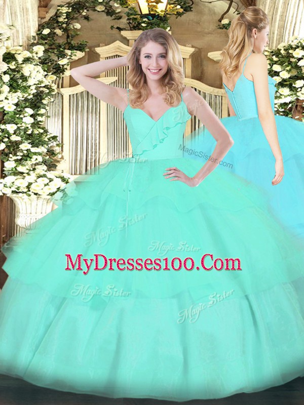 Apple Green Zipper Spaghetti Straps Ruffled Layers 15th Birthday Dress Organza Sleeveless