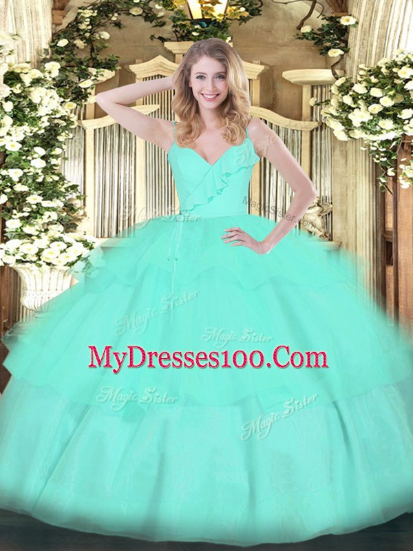 Apple Green Zipper Spaghetti Straps Ruffled Layers 15th Birthday Dress Organza Sleeveless
