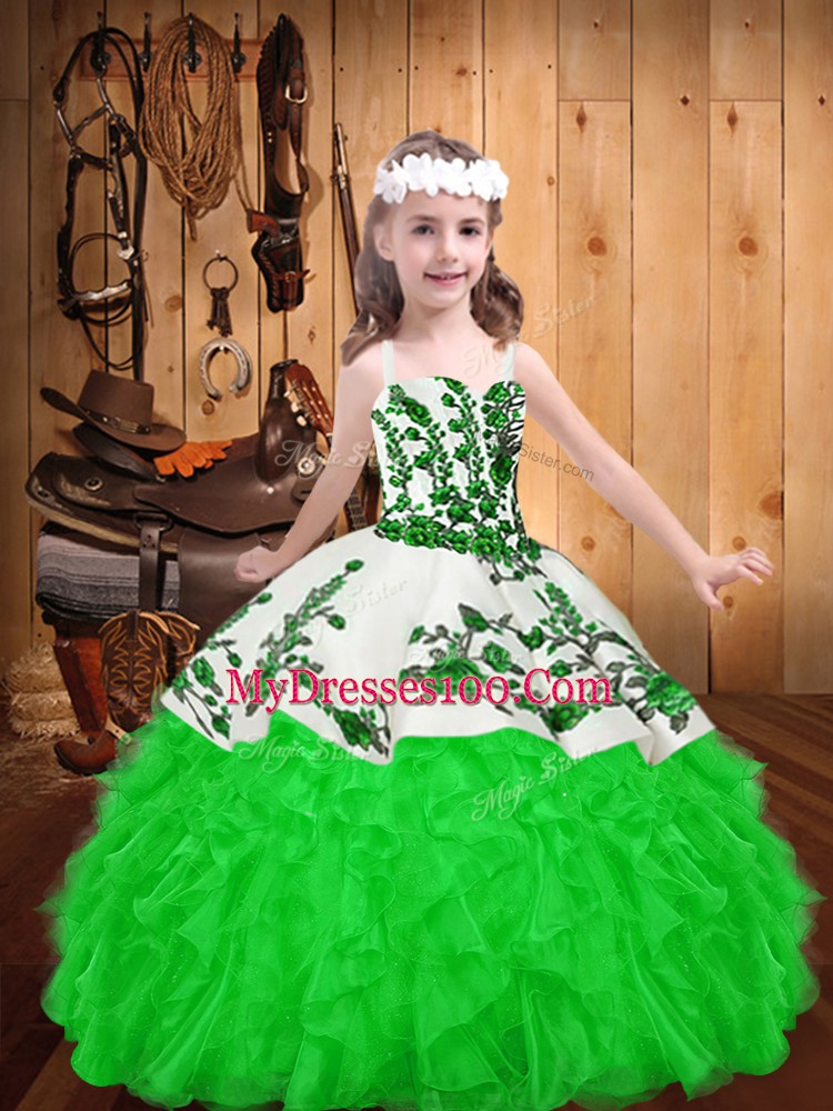 Green Ball Gowns Organza Straps Sleeveless Embroidery and Ruffles Floor Length Lace Up Child Pageant Dress