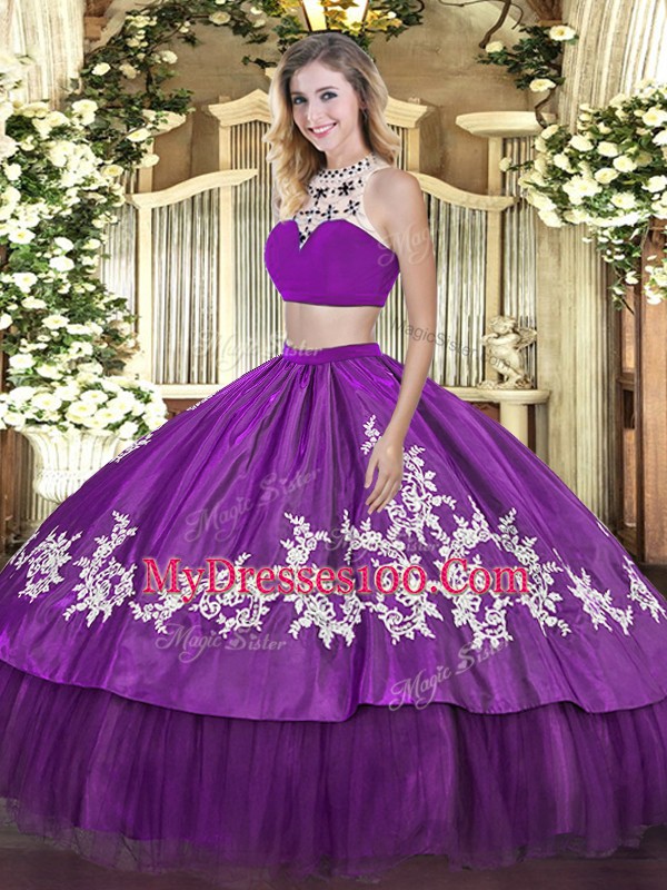 Purple Two Pieces High-neck Sleeveless Tulle Floor Length Backless Beading and Appliques and Ruffles Quinceanera Dress