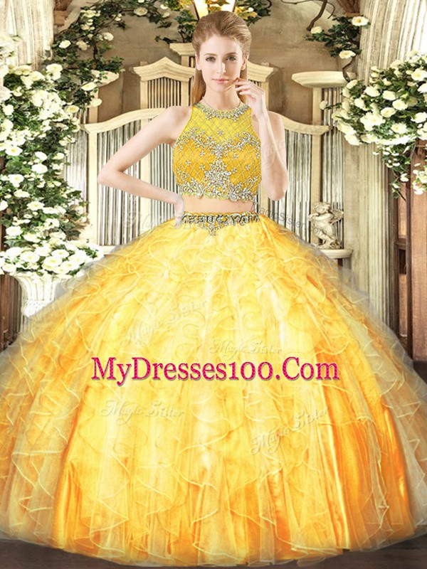Tulle Sleeveless Floor Length Quinceanera Gown and Beading and Ruffles