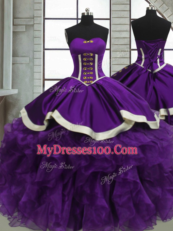 Purple Ball Gowns Satin and Organza Sweetheart Sleeveless Beading and Ruffles Floor Length Lace Up Sweet 16 Quinceanera Dress