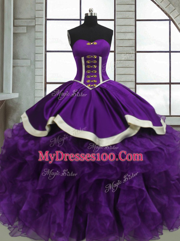 Purple Ball Gowns Satin and Organza Sweetheart Sleeveless Beading and Ruffles Floor Length Lace Up Sweet 16 Quinceanera Dress