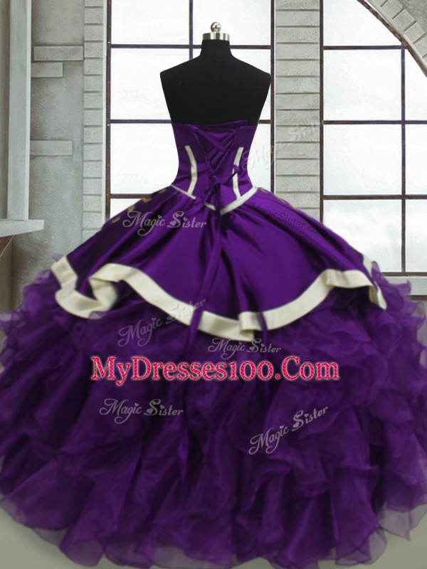 Purple Ball Gowns Satin and Organza Sweetheart Sleeveless Beading and Ruffles Floor Length Lace Up Sweet 16 Quinceanera Dress