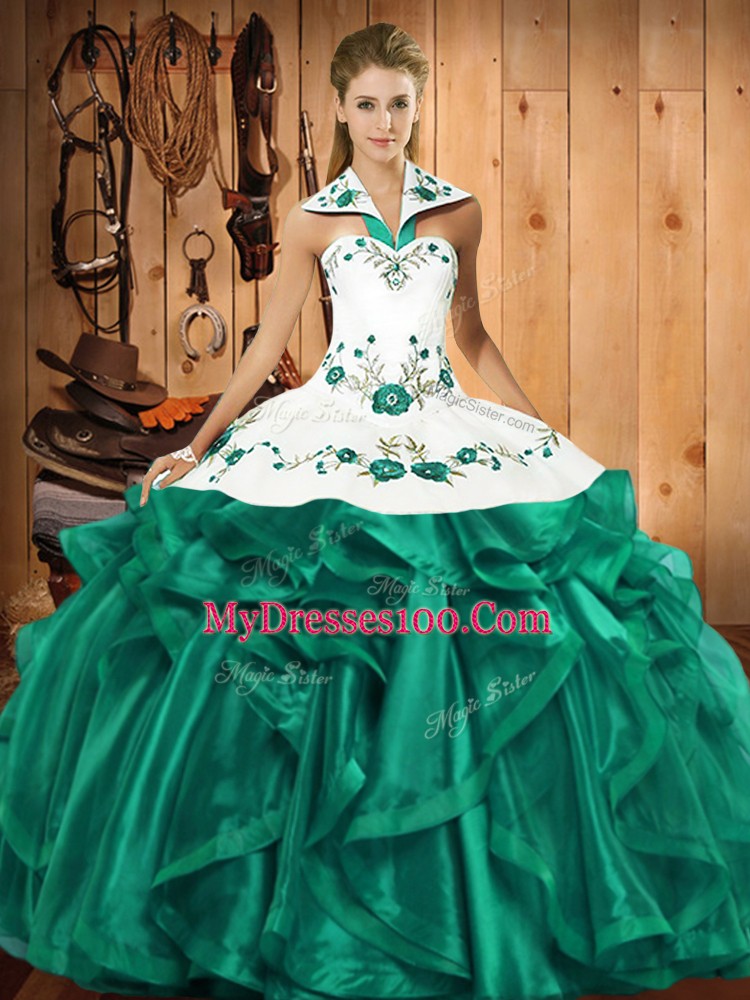 Custom Fit Turquoise Ball Gowns Embroidery and Ruffles Quinceanera Dress Lace Up Satin and Organza Sleeveless Floor Length