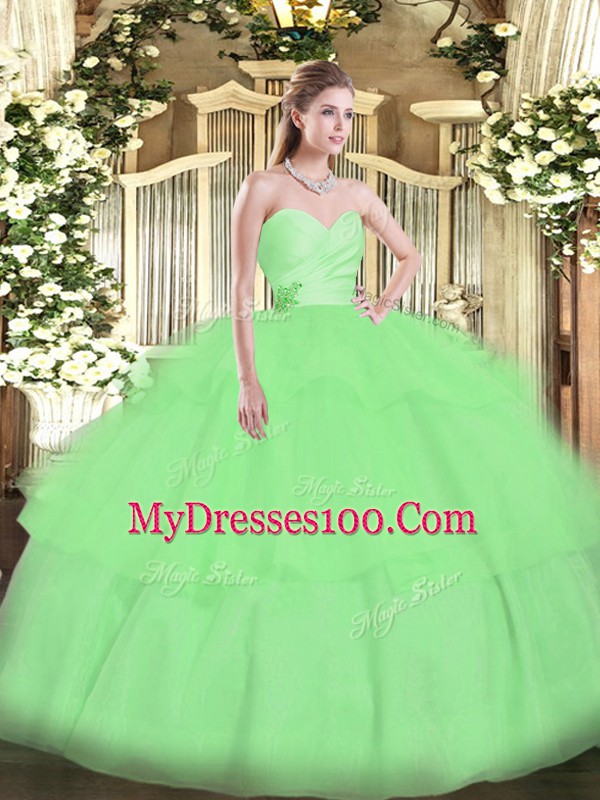 Apple Green Lace Up Sweet 16 Quinceanera Dress Beading and Ruffled Layers Sleeveless Floor Length