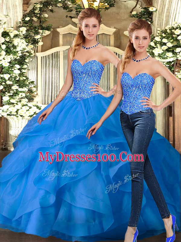 Fashionable Floor Length Blue Quince Ball Gowns Organza Sleeveless Beading and Ruffles
