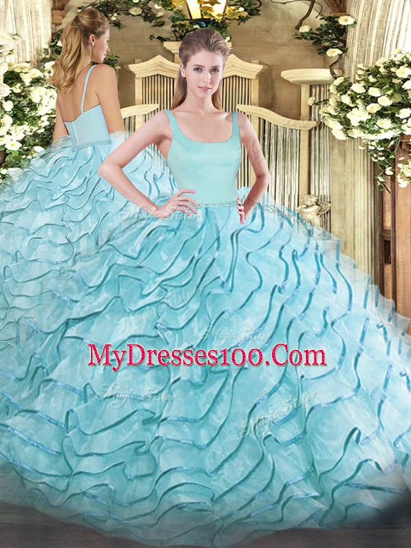 Smart Aqua Blue Sleeveless Brush Train Ruffled Layers Quinceanera Gown