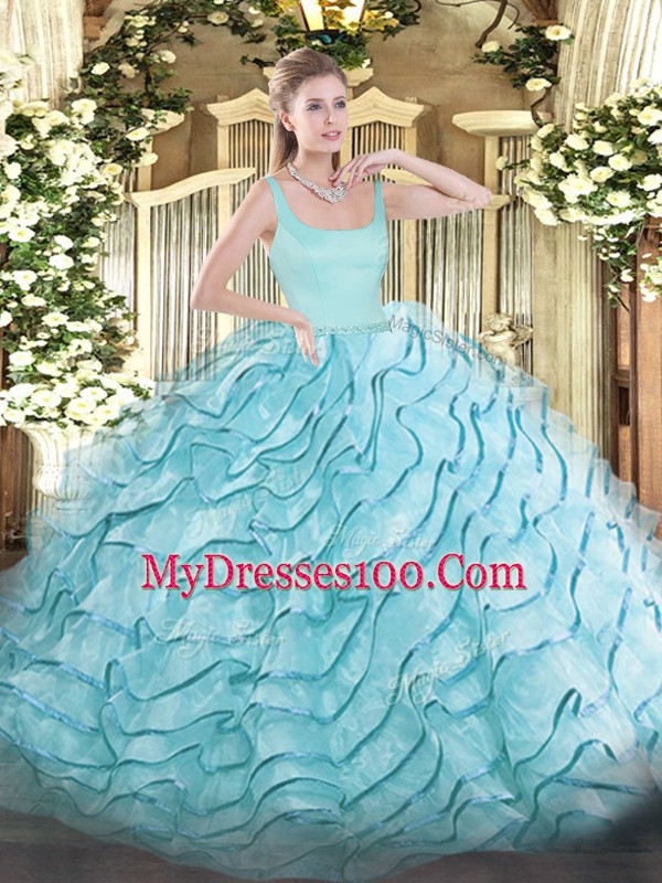 Smart Aqua Blue Sleeveless Brush Train Ruffled Layers Quinceanera Gown