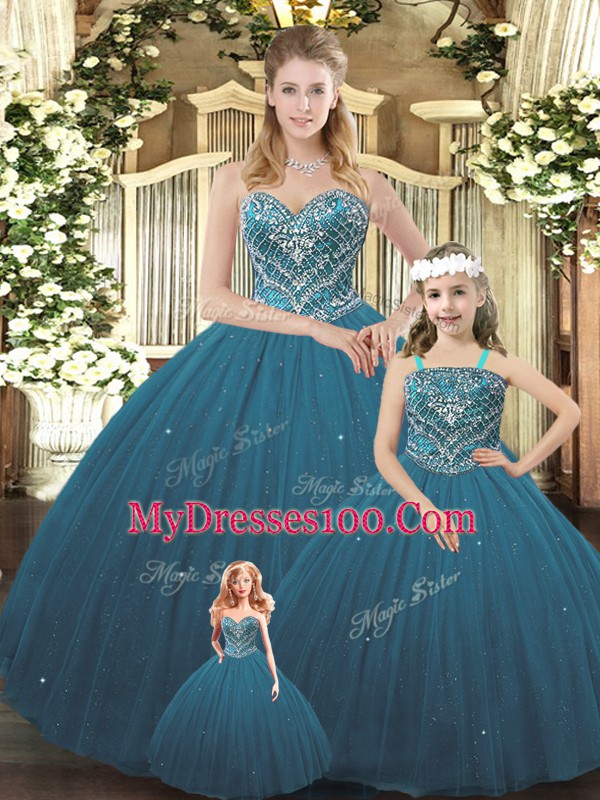 Teal Sleeveless Tulle Lace Up Quinceanera Gown for Military Ball and Sweet 16 and Quinceanera