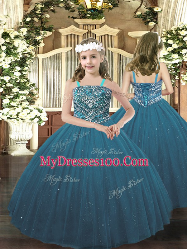 Teal Sleeveless Tulle Lace Up Quinceanera Gown for Military Ball and Sweet 16 and Quinceanera
