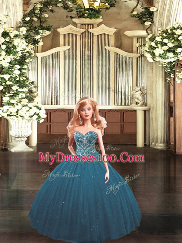 Teal Sleeveless Tulle Lace Up Quinceanera Gown for Military Ball and Sweet 16 and Quinceanera