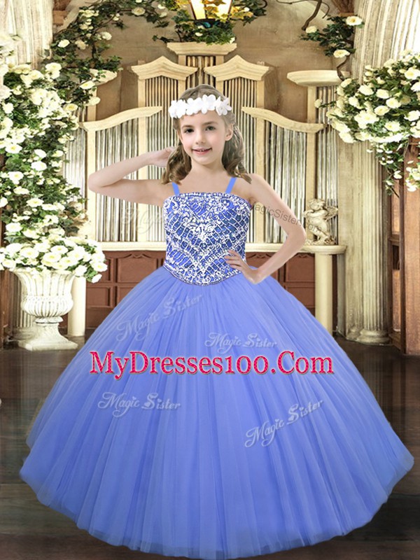 Nice Blue Sleeveless Beading Floor Length Pageant Gowns For Girls