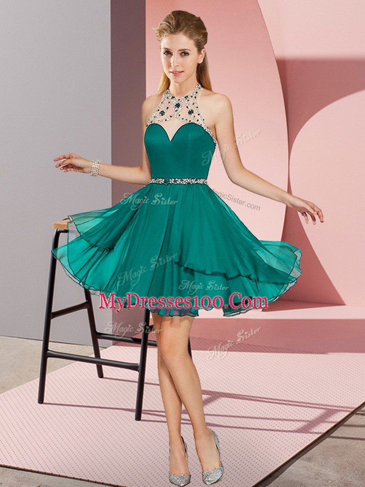 Turquoise Empire Chiffon Halter Top Sleeveless Beading Mini Length Zipper Prom Evening Gown