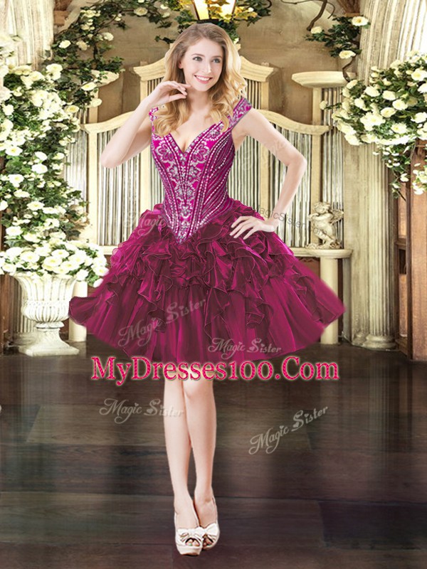 Fuchsia Sleeveless Beading and Ruffles Mini Length Prom Homecoming Dress