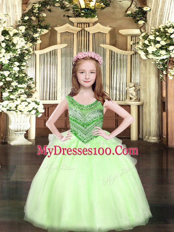 Latest Apple Green Ball Gowns Scoop Sleeveless Organza Floor Length Lace Up Beading Child Pageant Dress