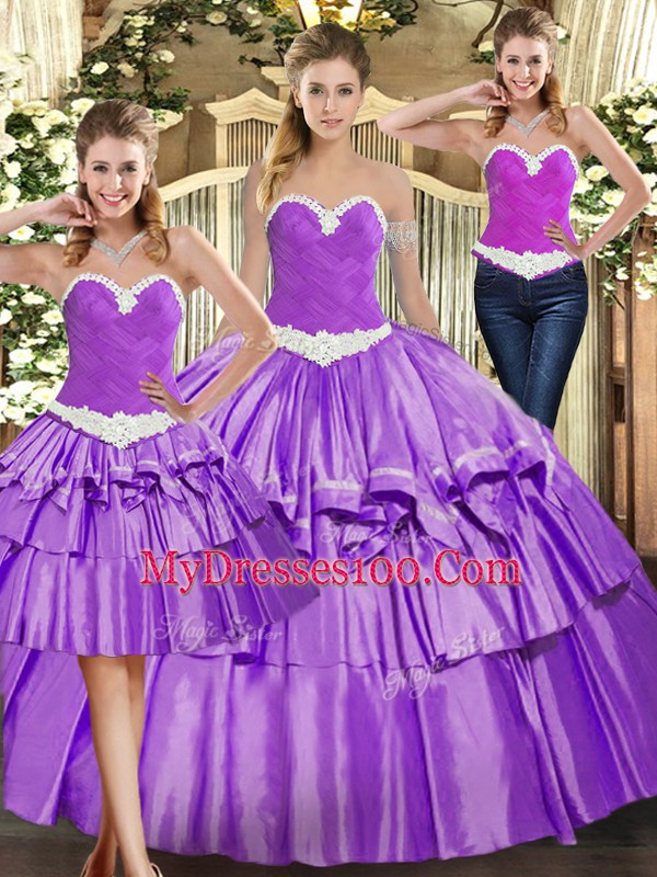 Luxury Sleeveless Organza Floor Length Lace Up 15 Quinceanera Dress in Eggplant Purple with Appliques and Ruffled Layers