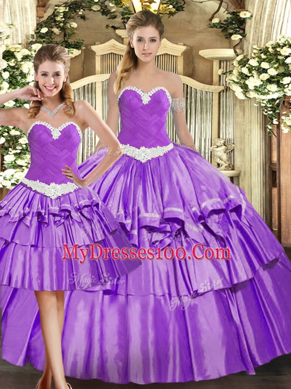 Luxury Sleeveless Organza Floor Length Lace Up 15 Quinceanera Dress in Eggplant Purple with Appliques and Ruffled Layers