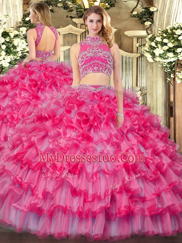 Glittering Coral Red Two Pieces Beading and Ruffled Layers Sweet 16 Dress Backless Tulle Sleeveless Floor Length