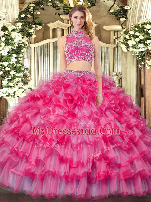 Glittering Coral Red Two Pieces Beading and Ruffled Layers Sweet 16 Dress Backless Tulle Sleeveless Floor Length