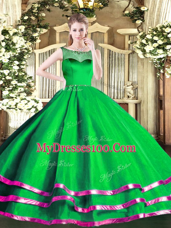 Custom Made Green Organza Zipper Scoop Sleeveless Floor Length Sweet 16 Dress Beading and Ruffled Layers