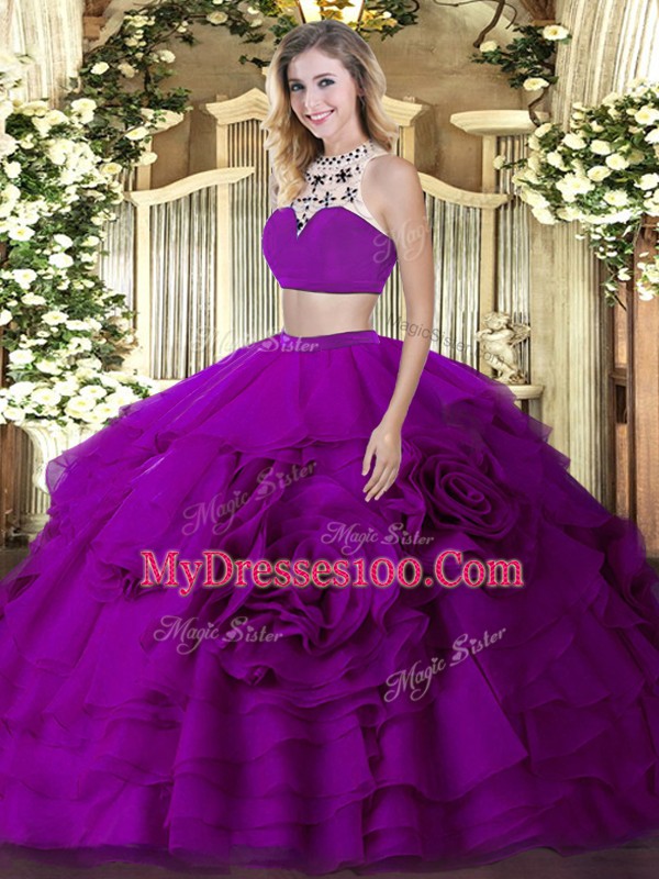 Fuchsia Tulle Backless High-neck Sleeveless Floor Length Quinceanera Dress Beading and Ruffled Layers
