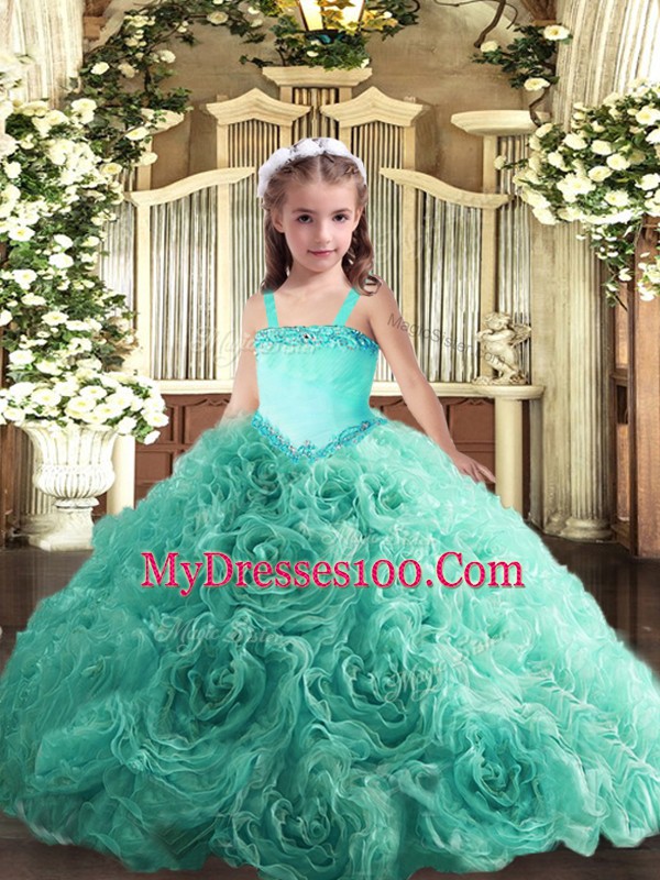 Turquoise Ball Gowns Appliques Pageant Dresses Lace Up Fabric With Rolling Flowers Sleeveless Floor Length