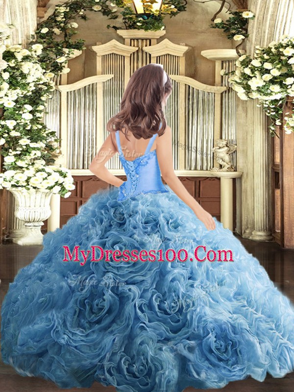 Turquoise Ball Gowns Appliques Pageant Dresses Lace Up Fabric With Rolling Flowers Sleeveless Floor Length