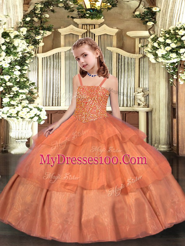 Great Floor Length Lace Up Kids Formal Wear Orange for Party and Sweet 16 and Quinceanera and Wedding Party with Beading and Ruffled Layers