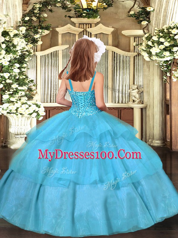 Great Floor Length Lace Up Kids Formal Wear Orange for Party and Sweet 16 and Quinceanera and Wedding Party with Beading and Ruffled Layers