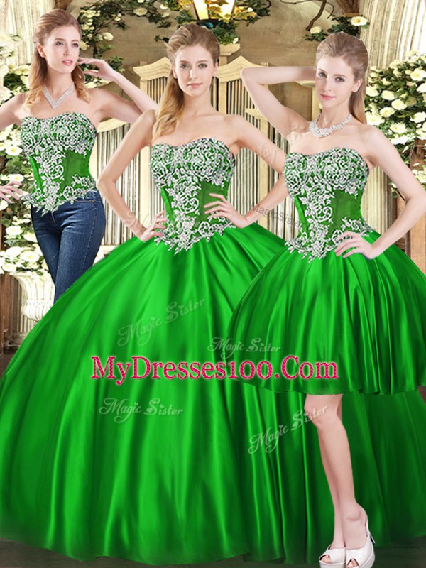 Green Three Pieces Beading 15th Birthday Dress Lace Up Tulle Sleeveless Floor Length
