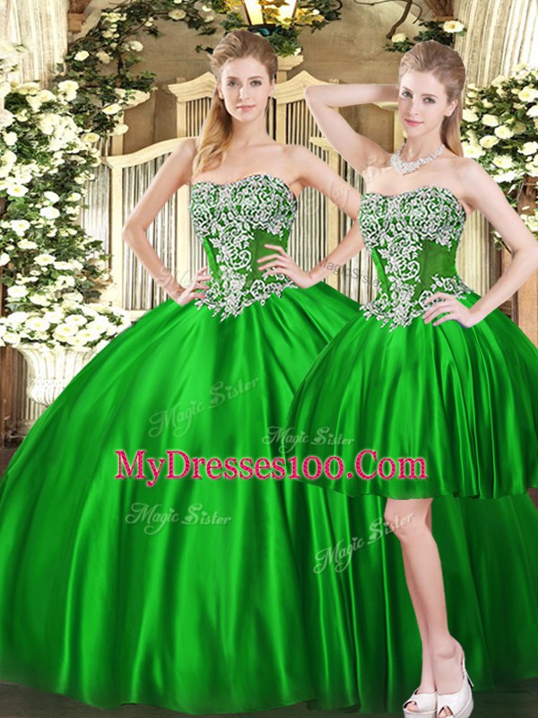 Green Three Pieces Beading 15th Birthday Dress Lace Up Tulle Sleeveless Floor Length