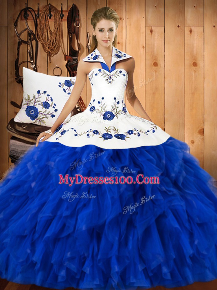 Modern Blue And White Satin and Organza Lace Up Halter Top Sleeveless Floor Length Quince Ball Gowns Embroidery and Ruffles