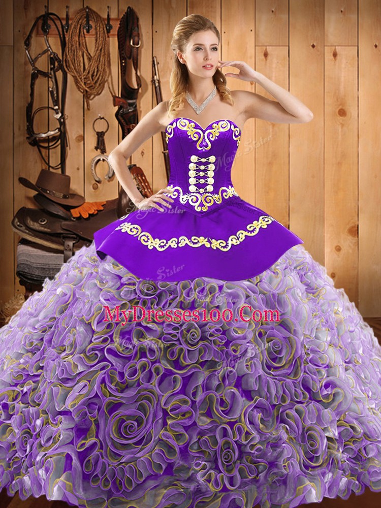 Attractive Sweep Train Ball Gowns Sweet 16 Dresses Multi-color Sweetheart Satin and Fabric With Rolling Flowers Sleeveless With Train Lace Up