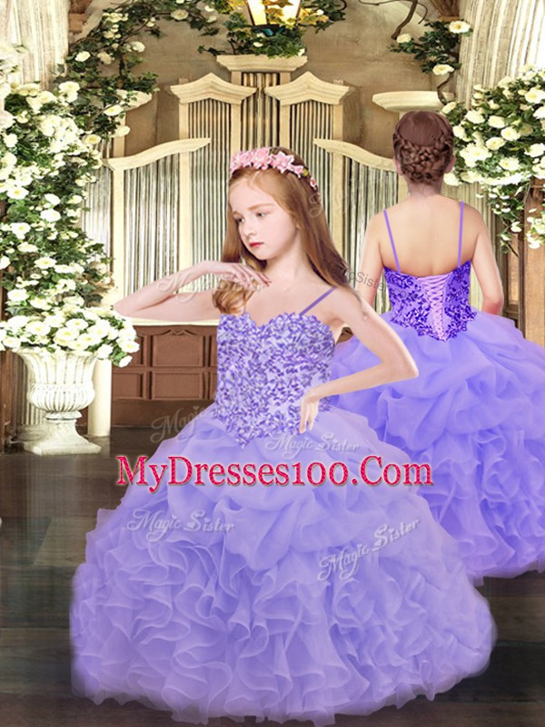 Lavender Sleeveless Floor Length Beading and Ruffles Lace Up Quince Ball Gowns