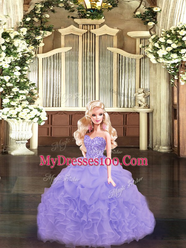 Lavender Sleeveless Floor Length Beading and Ruffles Lace Up Quince Ball Gowns
