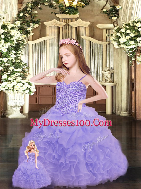 Lavender Sleeveless Floor Length Beading and Ruffles Lace Up Quince Ball Gowns
