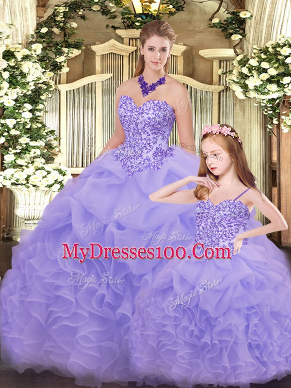 Lavender Sleeveless Floor Length Beading and Ruffles Lace Up Quince Ball Gowns