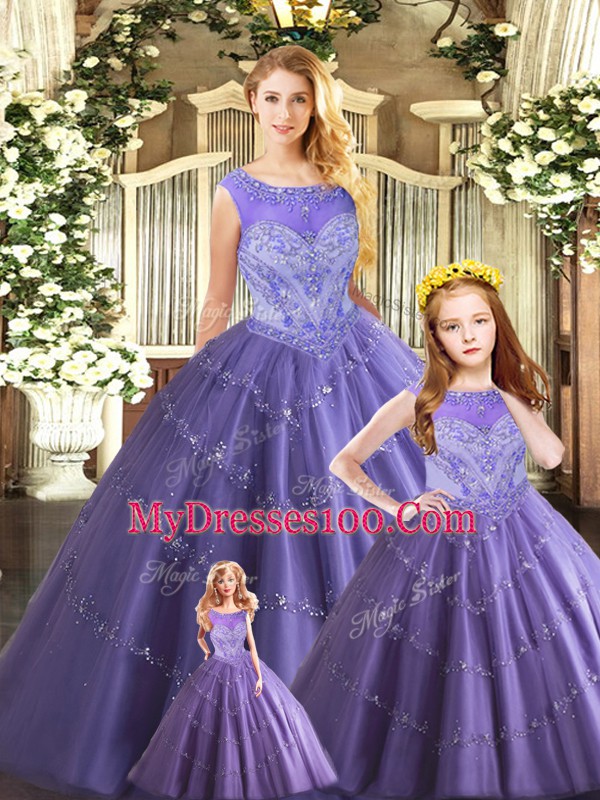 Ball Gowns Ball Gown Prom Dress Lavender Scoop Tulle Sleeveless Floor Length Lace Up
