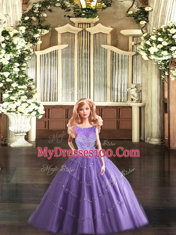 Ball Gowns Ball Gown Prom Dress Lavender Scoop Tulle Sleeveless Floor Length Lace Up