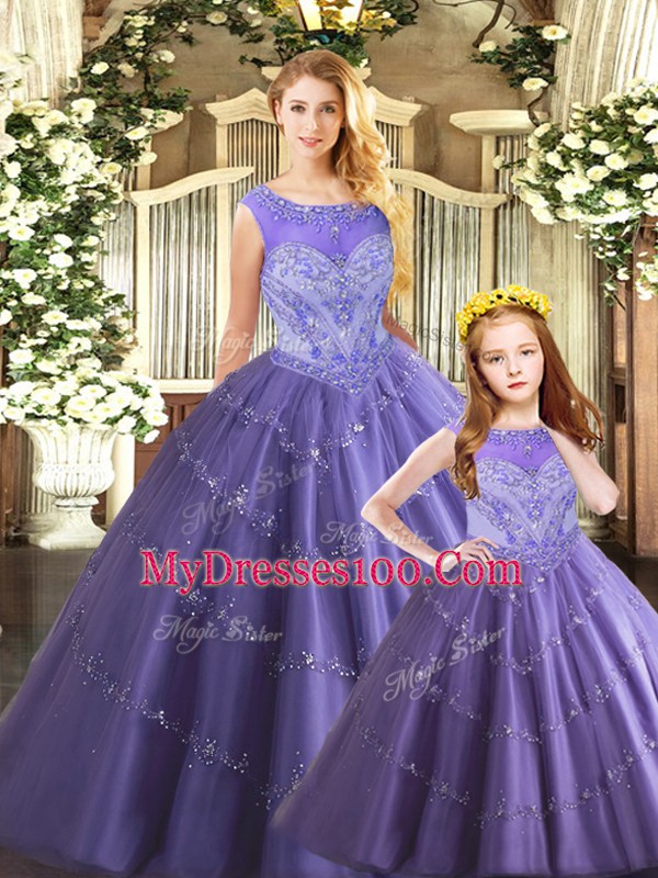 Ball Gowns Ball Gown Prom Dress Lavender Scoop Tulle Sleeveless Floor Length Lace Up