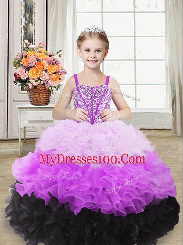 Sleeveless Organza Floor Length Lace Up Pageant Gowns For Girls in Multi-color with Beading and Ruffles